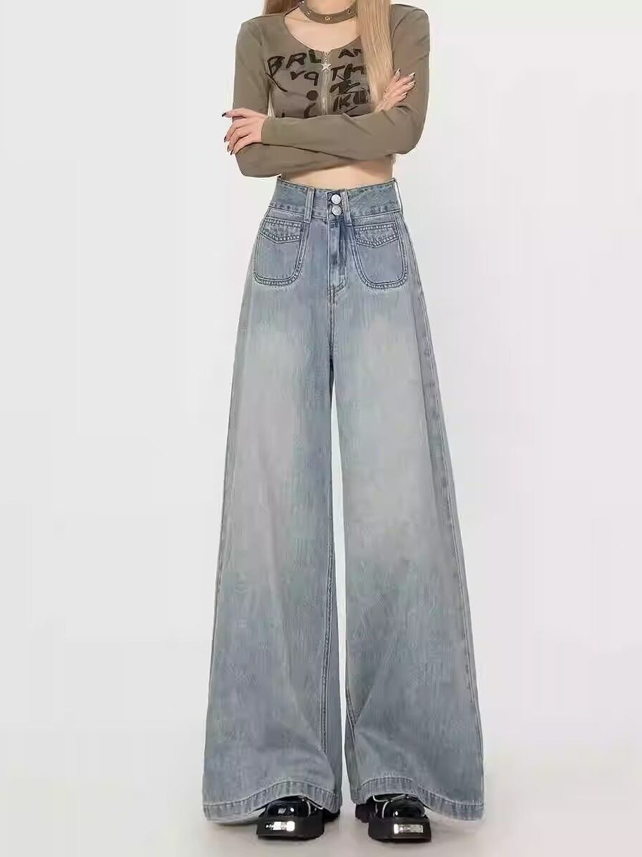 High-Waisted Wide-Leg Jeans for Women, Autumn 2025 New Style, Light Blue Early Autumn Loose Floor-Length Flared Pants, Spring and Autumn Style