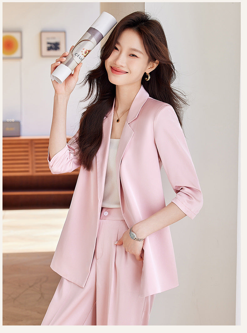 New Chinese-Style Women's Summer Thin Suit for Petite Figures, High-End Professional Attire, Acetate-Like Blazer