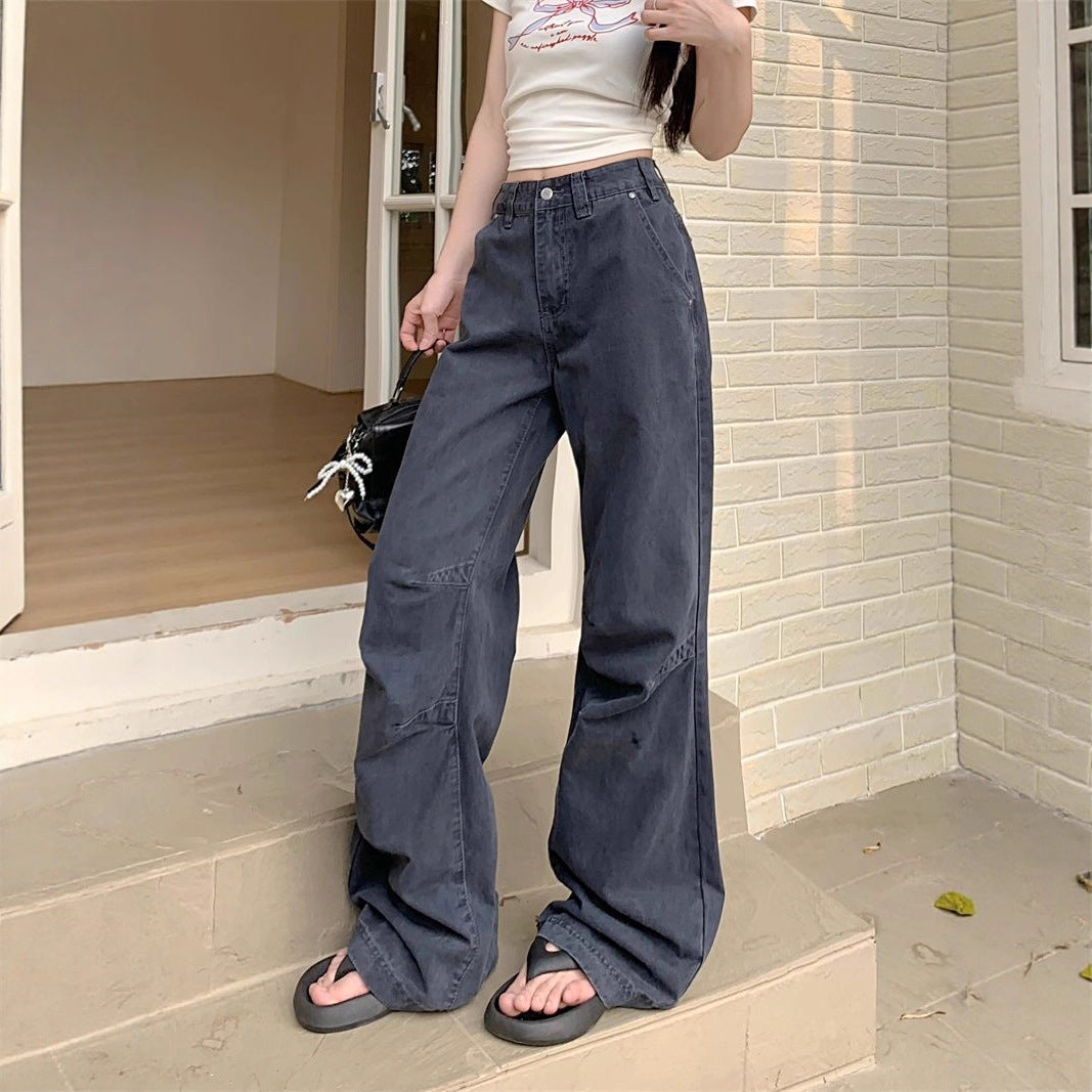 American Retro Design Workwear Jeans for Women New High Street Personalized Pleated Loose Straight Casual Pants