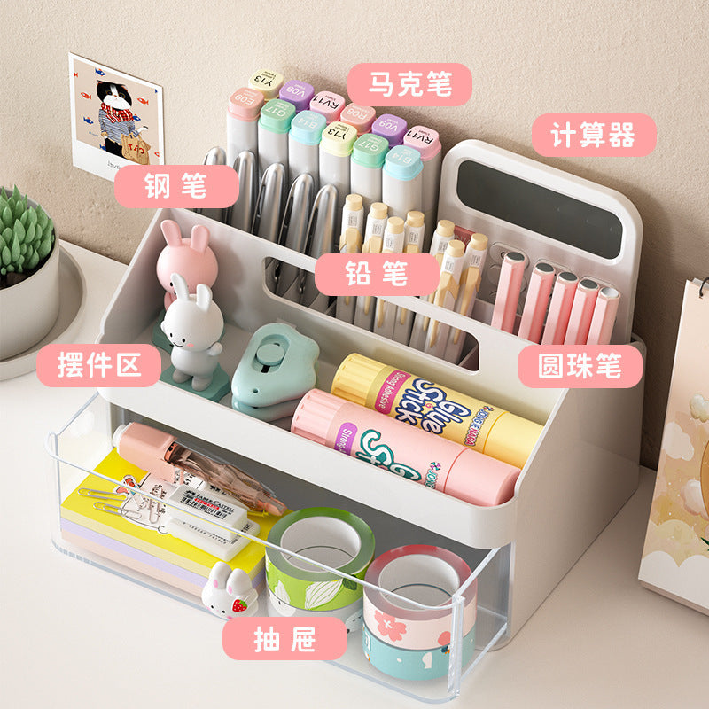 Pen Holder Storage Box, Cute Storage Box, Girly Pink Stationery Box, Pen Box, Multi-Functional, Large Capacity with Drawer