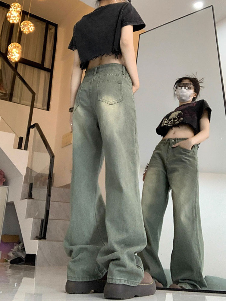 2025 Spring and Autumn Retro American High Waist Slim Straight-Leg Jeans Fashion Women's Loose Floor-Length Wide Leg Long Pants
