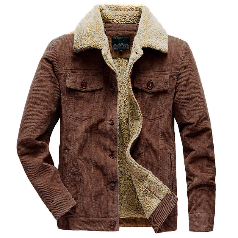 Lamb Velvet Jacket Men's Autumn and Winter Thickeneded Cotton Outwear Corduroy Workwear Cotton Jacket Fleece-Lined Retro Corduroy Jacket