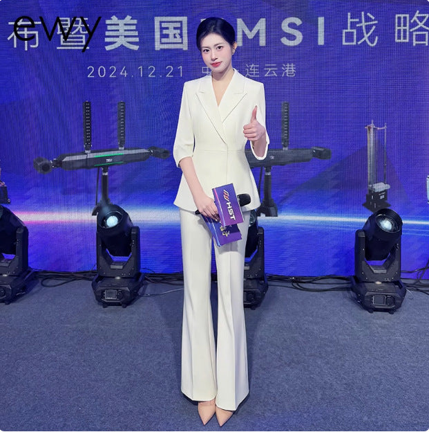 Spring and Summer Fashionable High-End White Three-Quarter Sleeve Suit Suit Host Business Formal Wear Female President Suit Workwear