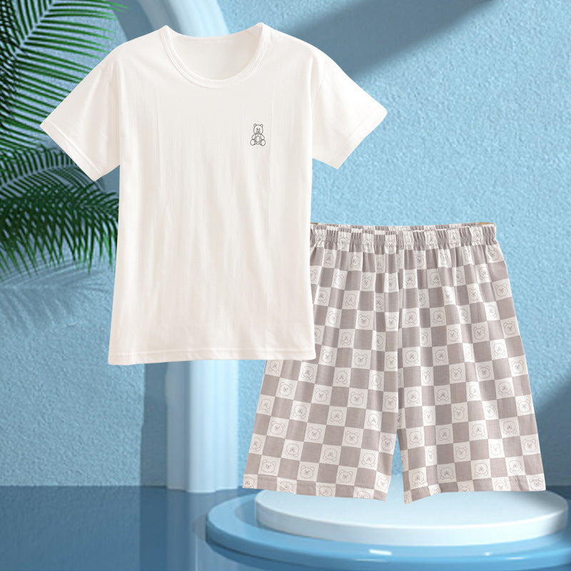Children's Pajamas, Pure Cotton, Summer Short-Sleeved Shorts Set for Boys, Home Clothes for Girls, Air-Conditioned Clothes for Middle-Aged and Older Boys