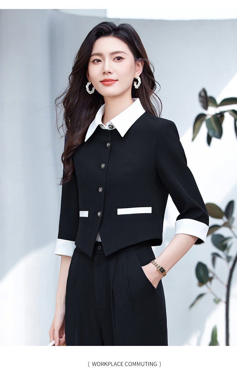 Tweed Style Splicing Jacket with Metal Buckle for Women Spring and Summer New High-End Fashion Doll Collar Elegant Three-Quarter Sleeve Suit
