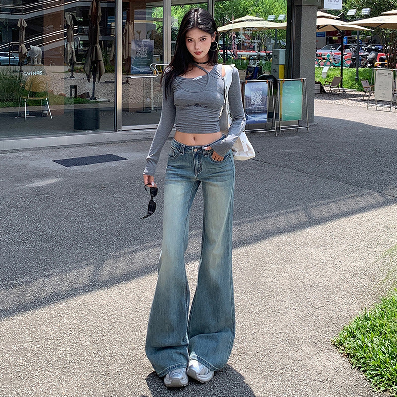American Hot Girl Washed Retro Slim Jeans for Women Early Autumn New Versatile Fashionable and Comfortable Low-Waist Micro-Flared Pants