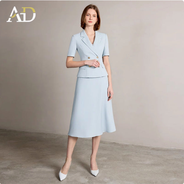 Summer New Short-Sleeved Light Blue Professional Women's Skirt Suit Double-Breasted Suit Collar Office Manager Commuting Formal Wear
