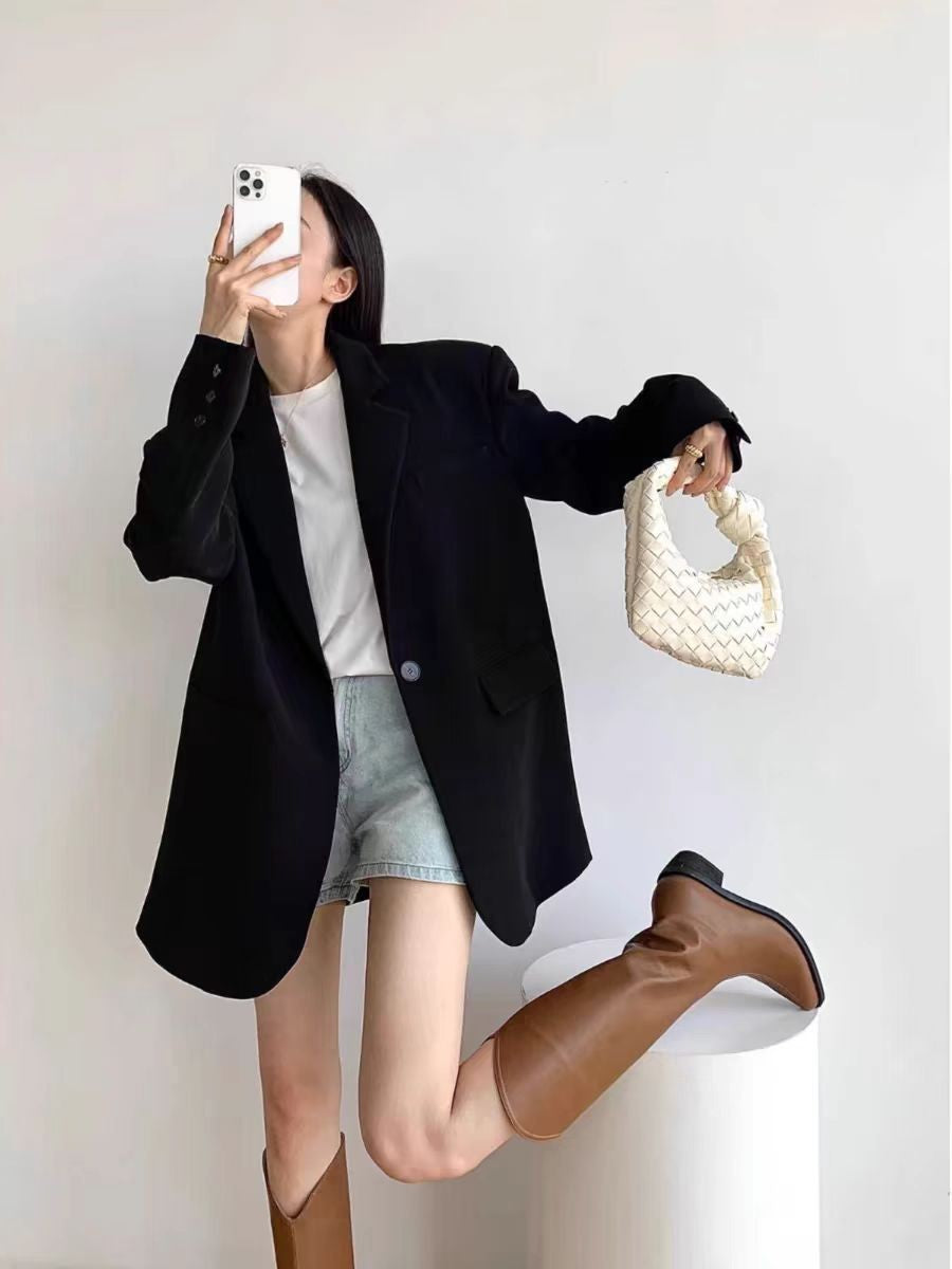 New Style Commuter Mid-Length Suit Jacket for Women, Loose Korean Style Slimming Black Temperament Fashion Jacket