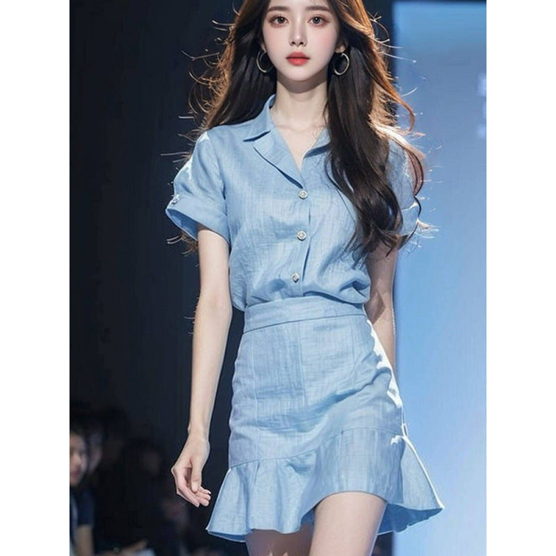 Foreign trade women's clothing age-reducing foreign-style fashion this year popular beautiful small fragrant style professional blue top skirt two pieces