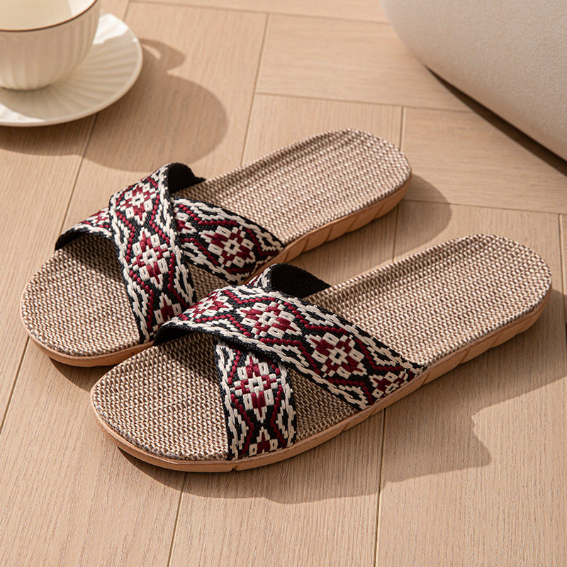 Open Open Toe Cross Linen Four Seasons Men and Women Couple Home Floor Slippers Linen Summer Sandals
