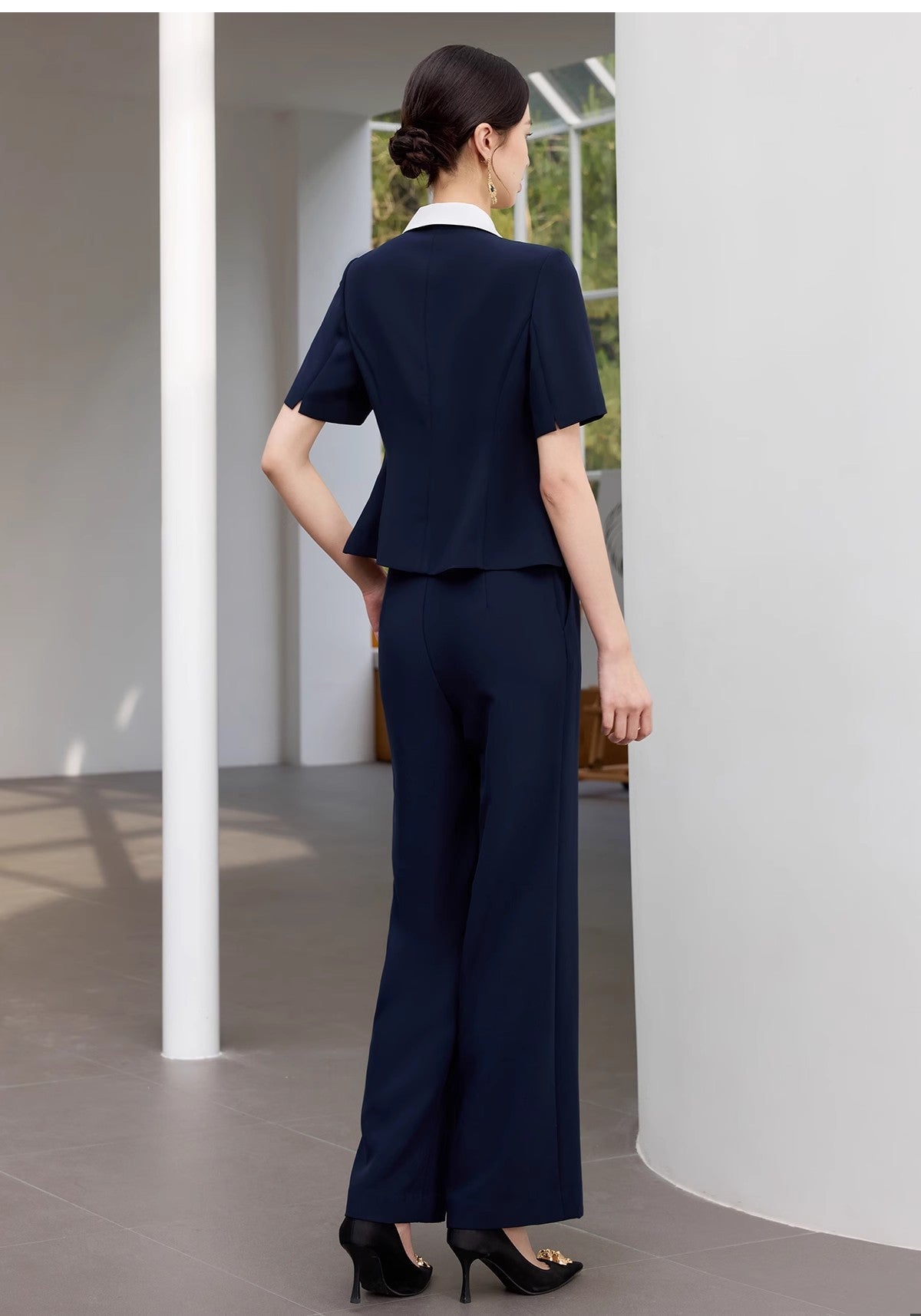 Summer New Navy Blue Short-Sleeved Professional Suit Suit Color-Blocked Suit Collar Single-Breasted Slim Slim Work Clothes