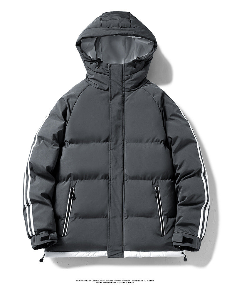 Cross-Border Wholesale Two-Stripe Cotton Jacket Unisex Hooded Cotton Coat Trendy Fashion Thickened Warm Cotton Jacket for Men