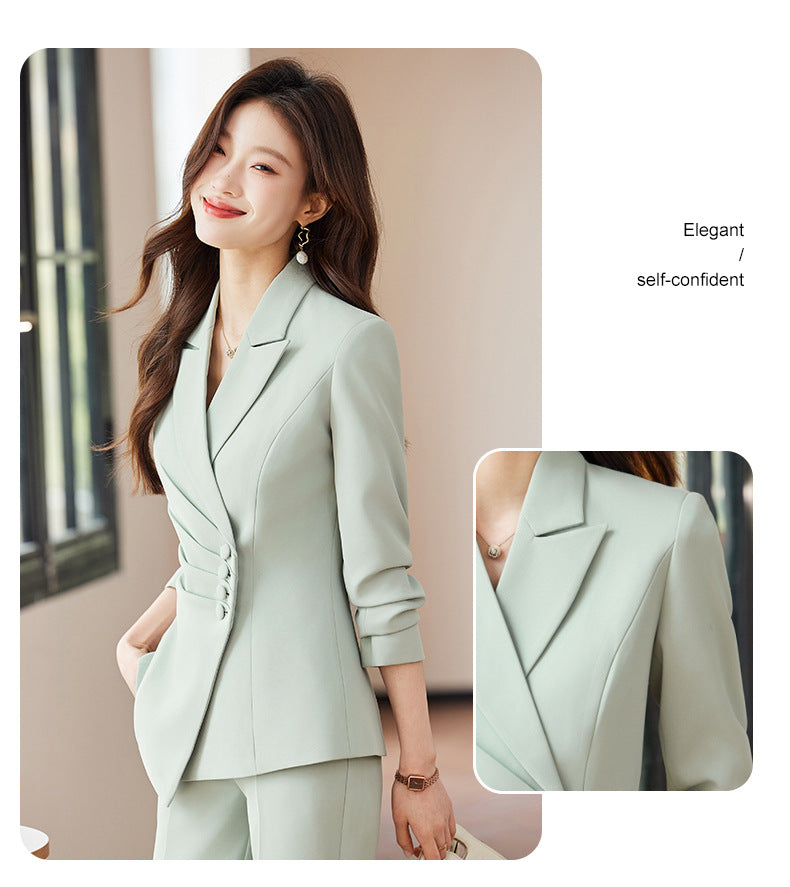 2025 Spring European and American Foreign Trade Green Slim Fit Small Suit Set Front Desk White Collar Workwear Wide-Leg Pants Suit Set
