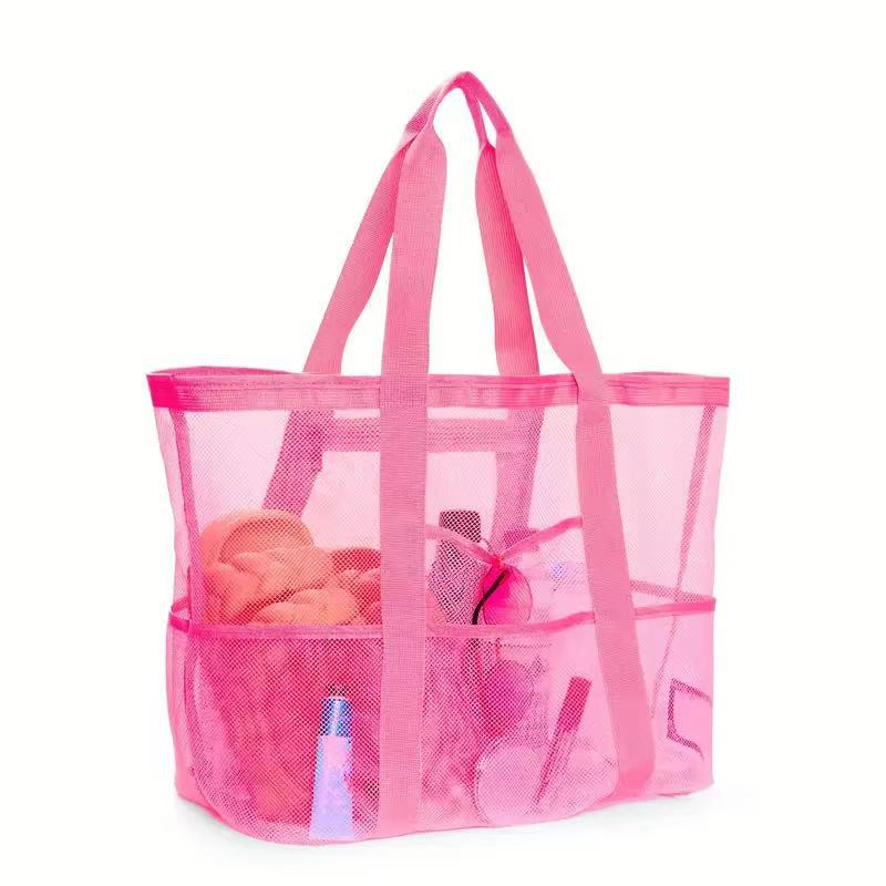 Beach Bag Shoulder Bag Mesh Beach Bag 8-Pocket Bathroom Bag Toy Storage Bag Large Capacity Mesh Cut Out Bag