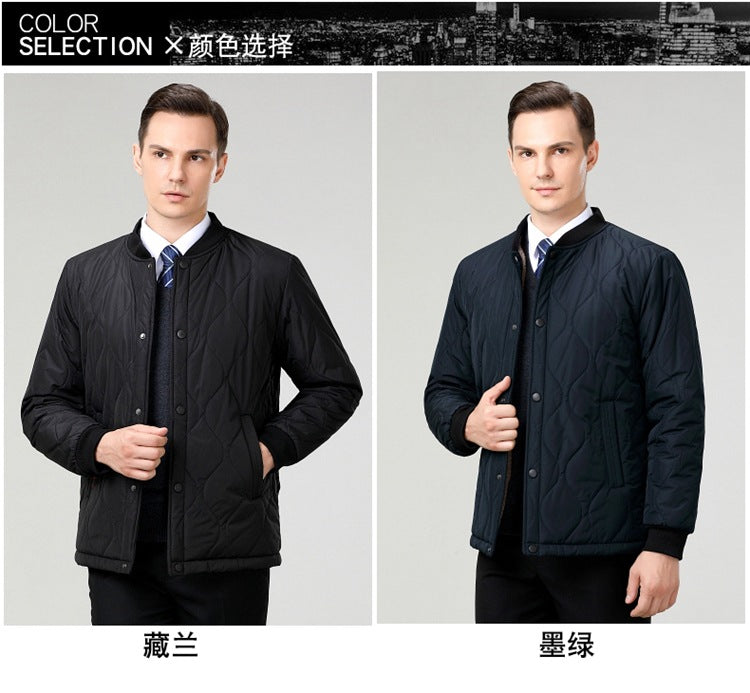 2024 Winter New Style Fleece-Lined Warm Cotton Jacket for Middle-Aged Men, Stand-Up Collar Short Style Cold-Proof Cotton Coat, Padded Large Size Dad's Jacket