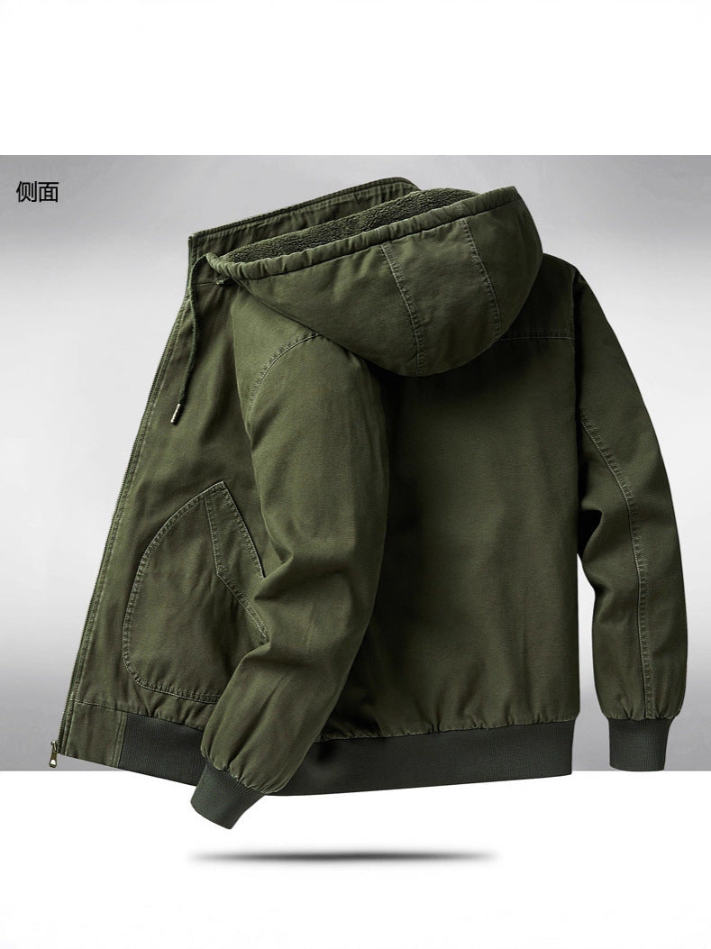 Men's Autumn and Winter Warm Fashion Fleece-Lined Bomber Jacket American-Style Workwear Hooded Cotton Coat for Warmth