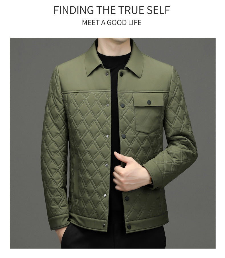 High-end men's mulberry silk cotton-padded coat business casual plaid middle-aged lightweight cotton-padded jacket autumn and winter men's lapel cotton-padded coat