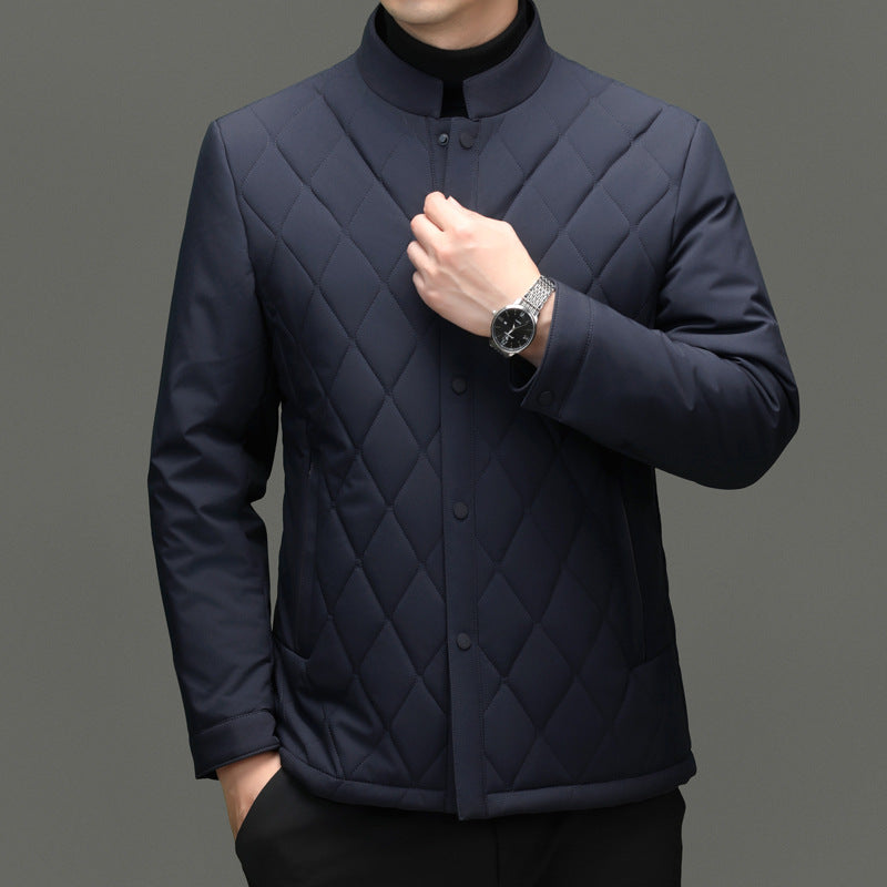 Men's Stand Collar Diamond Pattern Cotton Jacket Autumn and Winter Business Casual Warm Jacket Young and Middle-Aged Fashion Single-Breasted Top