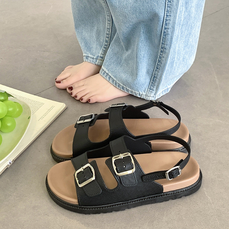 Double-strap Thick-soled Sandals and Slippers Women's New Flat-soled Shops with Square Buckle Korean Style Outer Wear All-match Roman Foreign Trade Beach Shoes