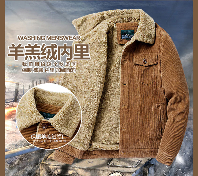 Lamb Velvet Jacket Men's Autumn and Winter Thickeneded Cotton Outwear Corduroy Workwear Cotton Jacket Fleece-Lined Retro Corduroy Jacket