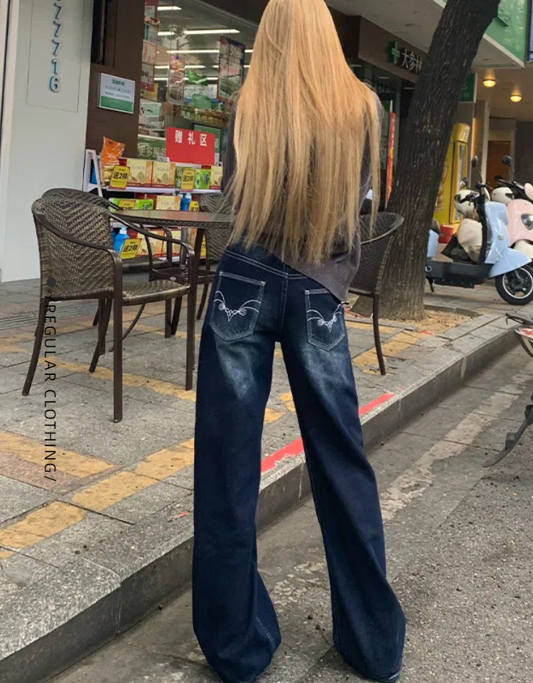 American-Style Embroidered Dark Blue Denim Wide-Leg Pants for Women, New Autumn and Winter Design, Lazy Versatile Casual Drape Straight-Leg Pants
