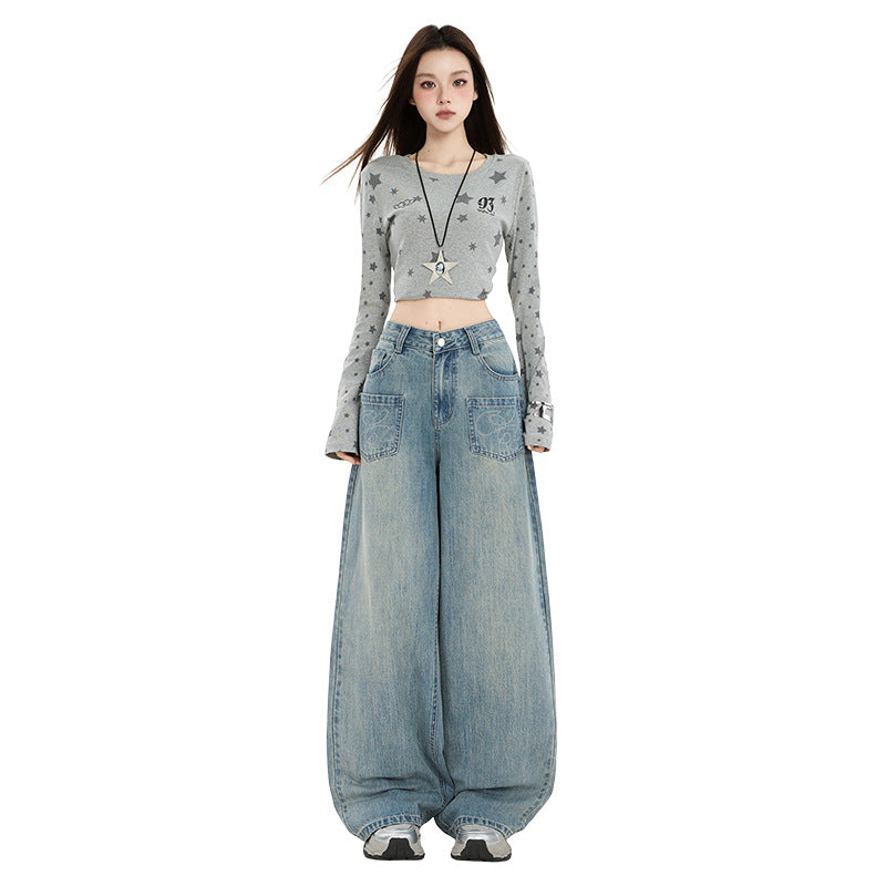 Raccoon House # American Retro Design Embroidered Jeans for Women 2025 Autumn New High-Waisted Loose Wide-Leg Pants Trendy