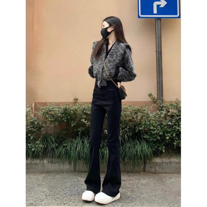 175 Tall Women's Black Bootcut Jeans for Autumn and Winter High-Waisted Elastic Slim Slim Flared Floor-Length Pants