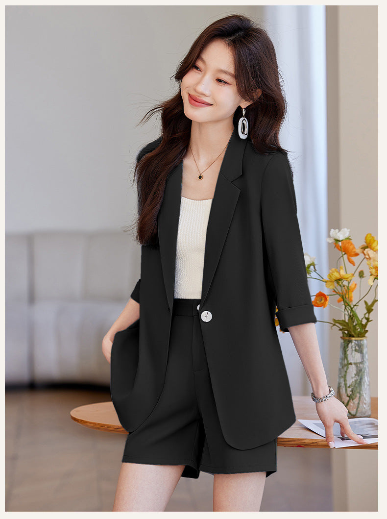 Blue Mid-Sleeve Chiffon Suit Jacket for Women 2025 New Summer Thin Style Fashionable High-End Shorts Suit