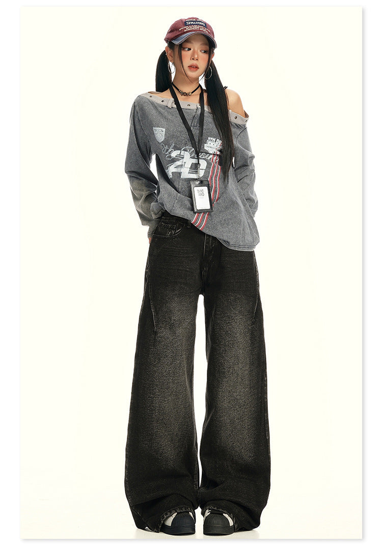 American Retro Wide-Leg Jeans for Women 2025 Early Autumn New Design Distressed Slimming Straight-Leg Floor-Length Pants