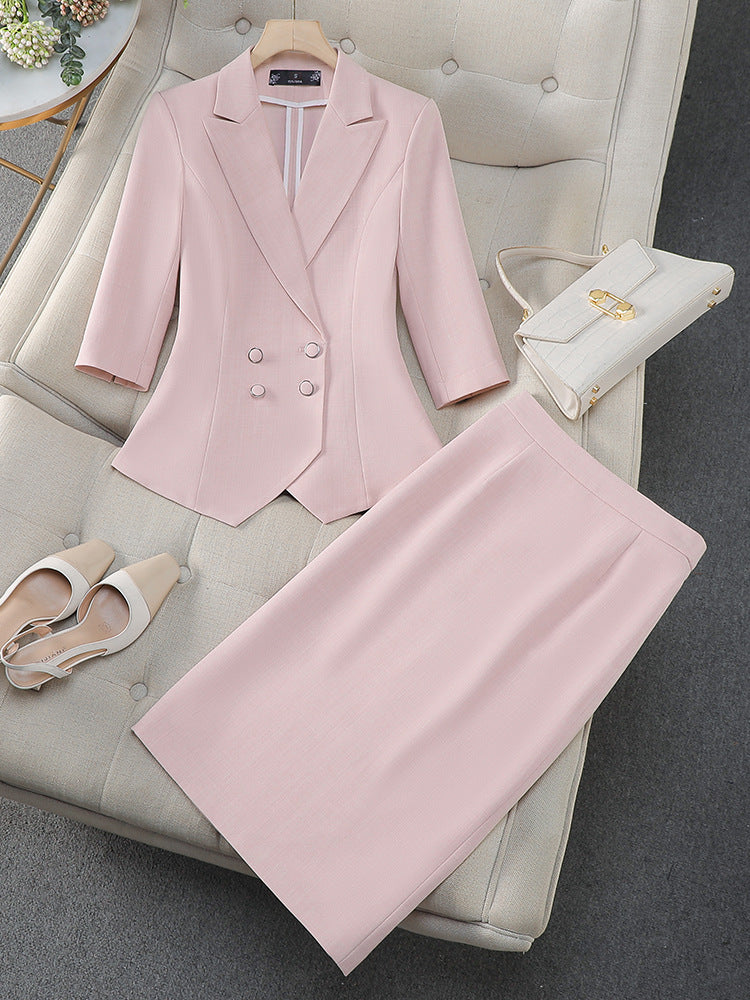 Cross-Border Professional Attire Pink Three-Quarter Sleeve Suit Skirt Women's Spring and Summer New Beauty Salon Work Clothes Over-The-Knee Skirt