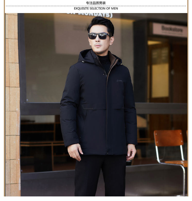 2024 winter new silk cotton-padded jacket casual men's business middle-aged cotton-padded hooded thick warm coat wholesale