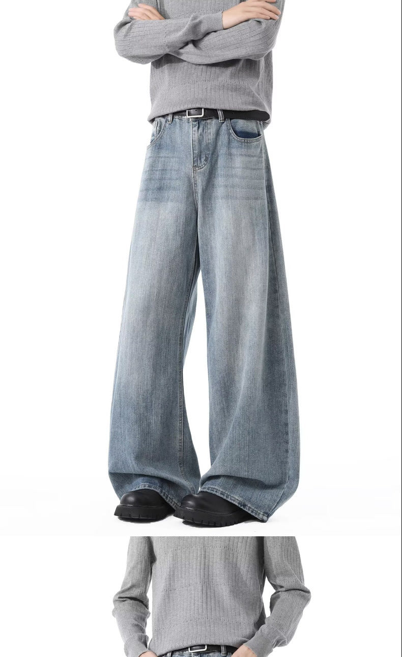 Spring and Autumn American Retro Blue Versatile Wide-Leg Men's Jeans, Stylish Hip-Hop Loose Petite Drape Straight Pants