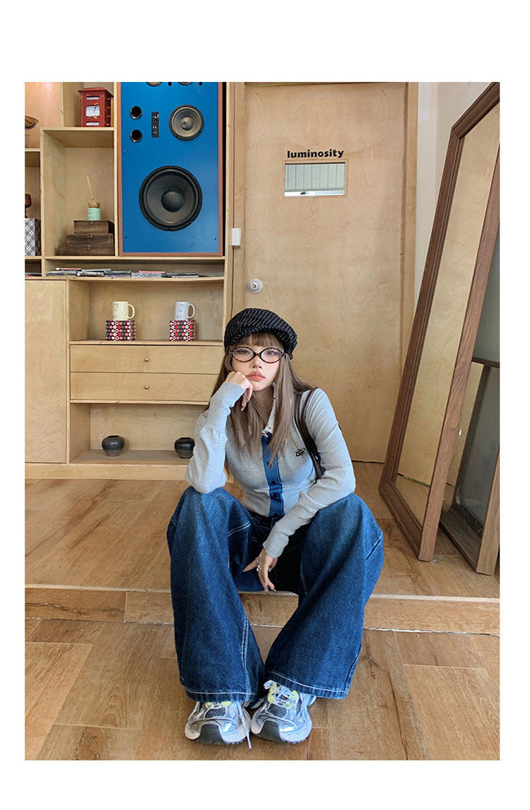 American-Style Dark Blue Wide-Leg Jeans for Women, 2025 Autumn New Straight High-Waisted Loose Slimming Lazy Floor-Length Pants