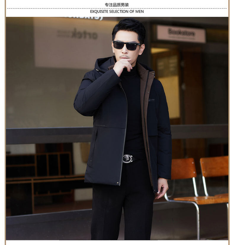 2024 winter new silk cotton-padded jacket casual men's business middle-aged cotton-padded hooded thick warm coat wholesale