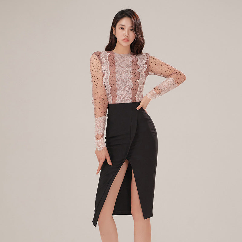 Foreign Trade Women's Clothing 2025 Spring and Summer Round Neck Sexy Polka Dot Mesh Slim Top + High Waist Slim Slit Hip Skirt