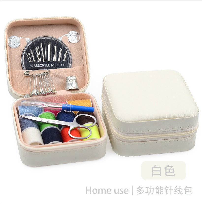 Retro Style Imitation Pu Leather Square Sewing Box Household Sewing and Mending Needle and Thread Set Portable Daily Essential Sewing Kit