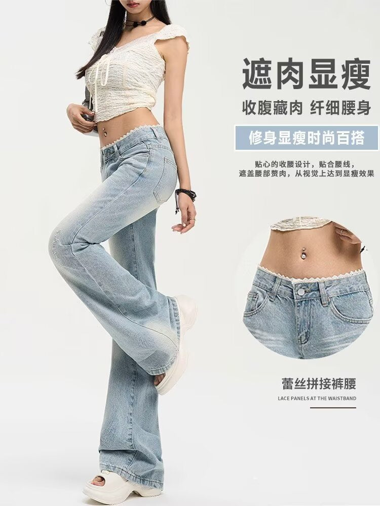 Washed Blue American Style Bootcut Pants for Women 2025 Autum New Lace Splicing Versatile Slimming Look Low-Waist Retro Jeans