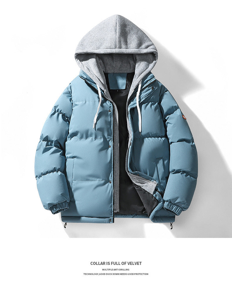Autumn and Winter New Style Fake Two-Piece Cotton Jacket for Men, High-Quality Puffer Jacket, Couple's Style, Thickened and Warm Hooded Cotton Coat