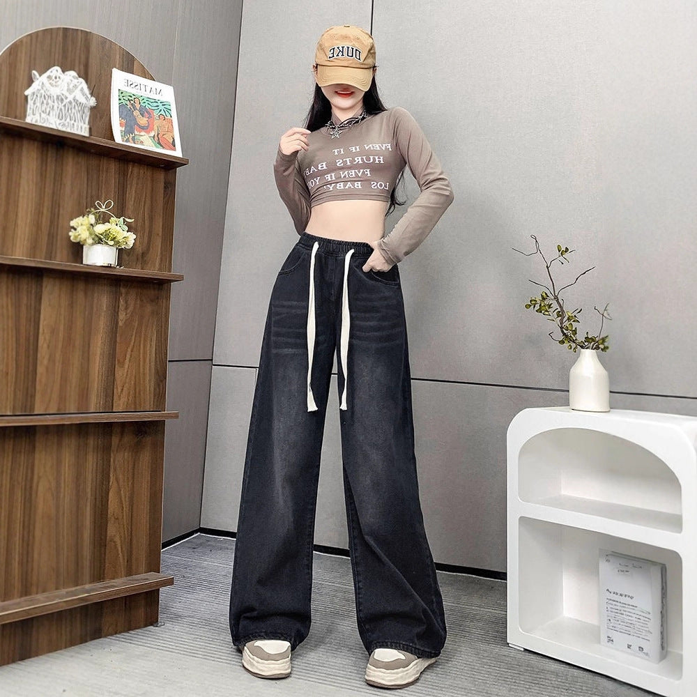 Spring and Summer High-Waisted Wide-Leg Floor-Length Pants for Women, Slim and Versatile Korean Style Student Elastic Waist Drawstring Jeans Large Size