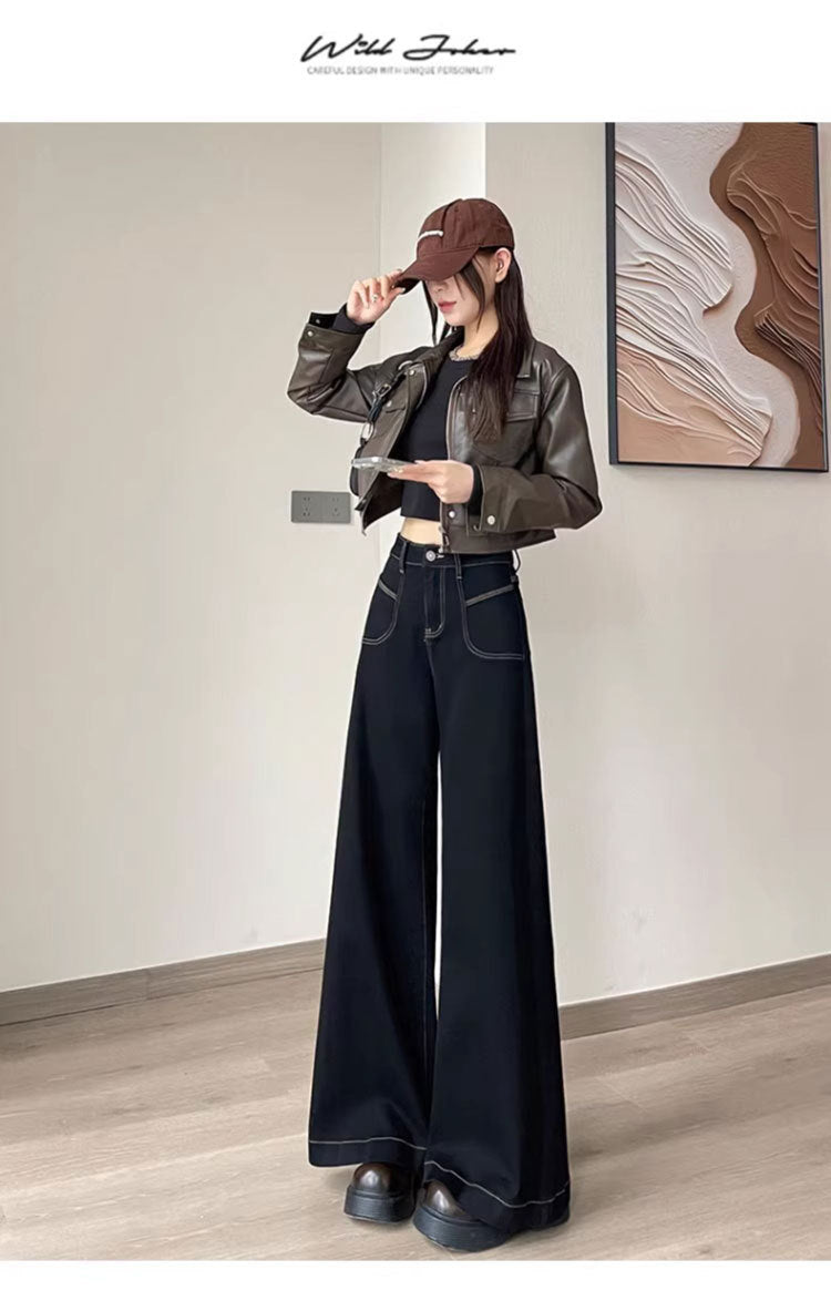 2025 New High-Waisted Black Wide-Leg Jeans for Women, Fashionable and Versatile Spring & Fall Loose Large-Flared Straight Pants