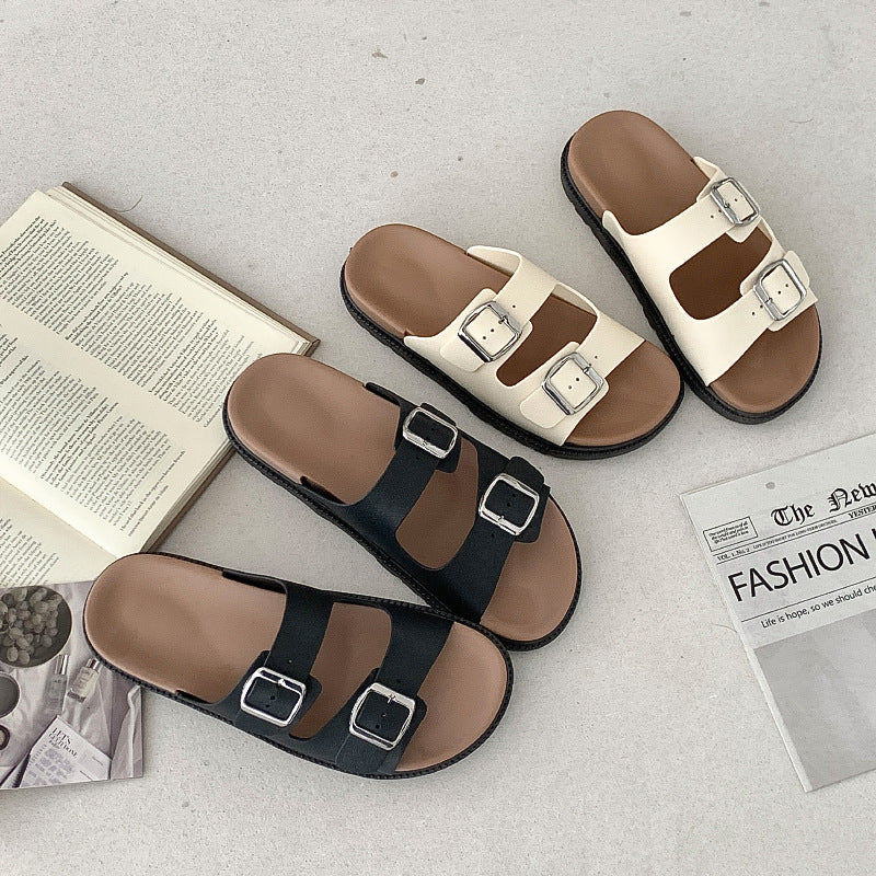 Double-strap Thick-soled Sandals and Slippers Women's New Flat-soled Shops with Square Buckle Korean Style Outer Wear All-match Roman Foreign Trade Beach Shoes