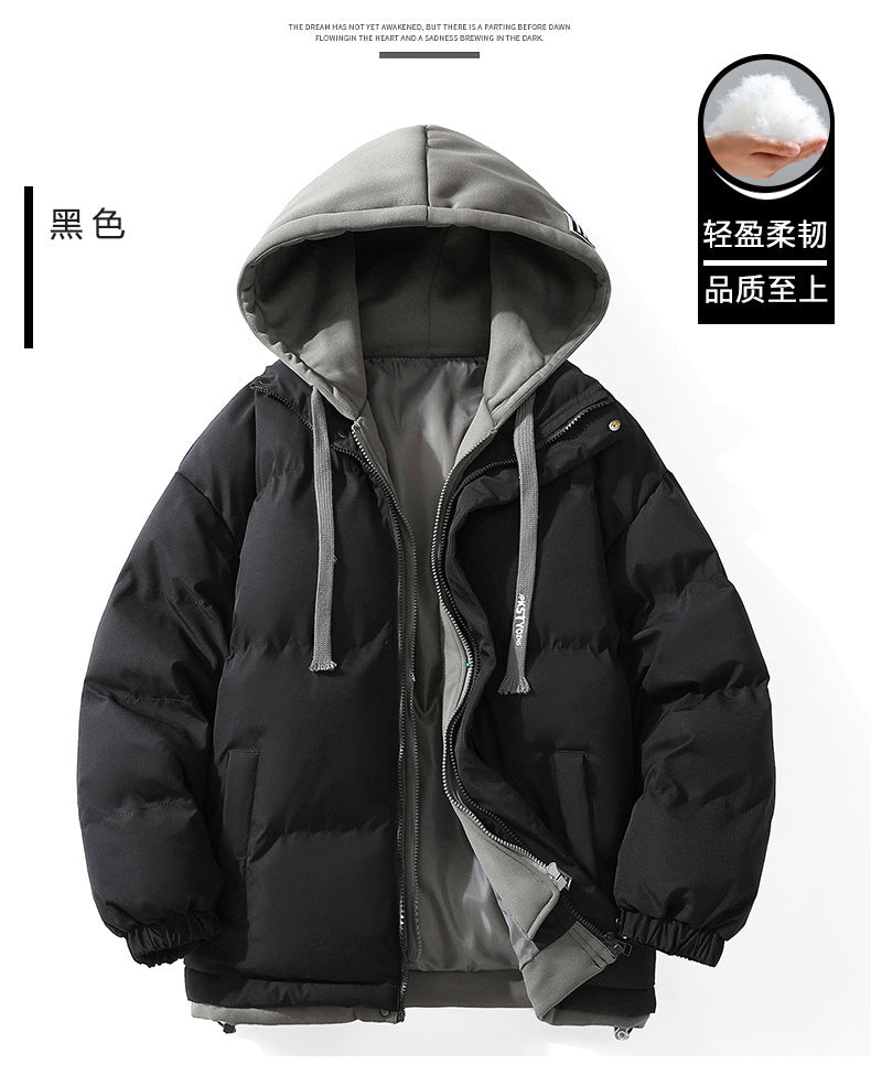 Hooded cotton-padded jacket winter thick warm couple's bread suit loose trend fake two-piece cotton-padded jacket men's hooded coat