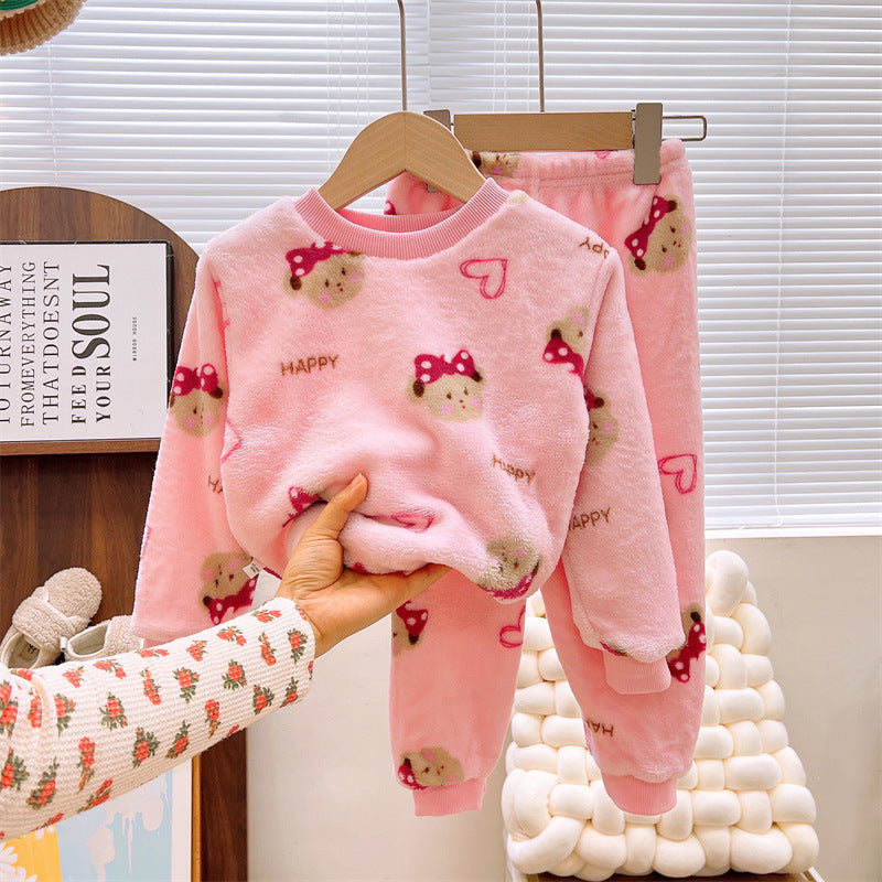 Men's and Women's Flannel Pajamas suit Autumn and Winter Middle and Big Children's Warm fleece-lined Thickened Autumn Clothes and Pants Home Clothes