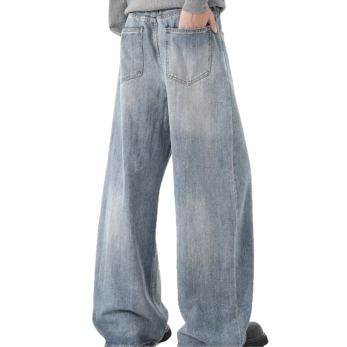 Spring and Autumn American Retro Blue Versatile Wide-Leg Men's Jeans, Stylish Hip-Hop Loose Petite Drape Straight Pants