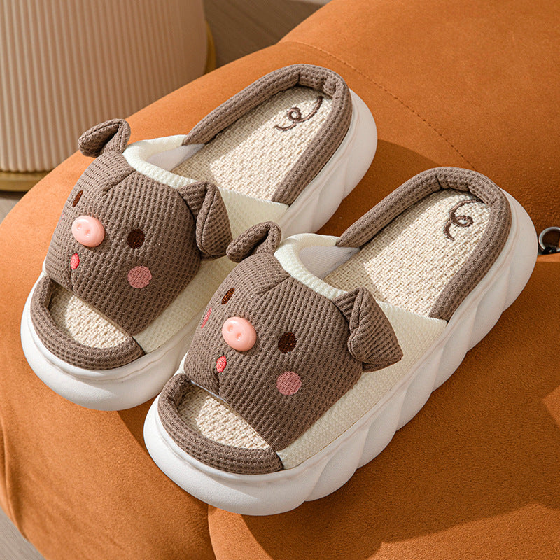 Cross-border Foreign Trade Tail Pig Cute Men and Women Couple Universal Open Toe Linen Cotton Linen Slippers