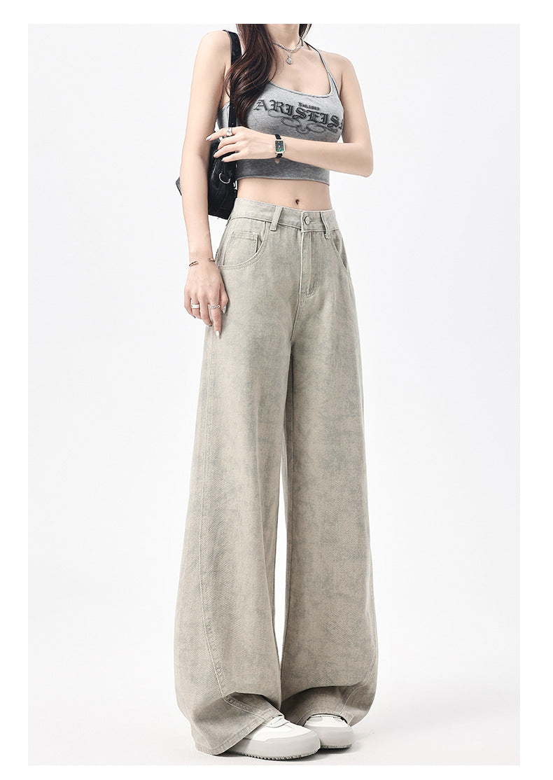 2025 Autumn American Tie-Dye Printed High Waist Loose Jeans Women's New Niche Design Straight-Leg Leg Wide Leg Pants Women