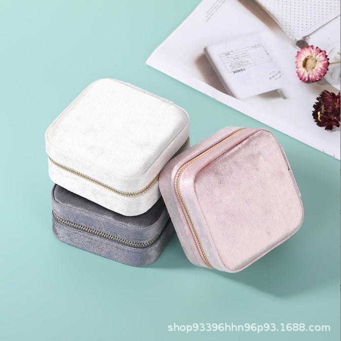 Portable Double-Layer Zipper Velvet Jewelry Storage Box Flip Earrings Earrings Ring Storage Jewelry Box