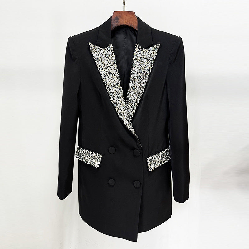 In Stock 2026 European and American Trendy Fashion New Style Handmade Luxurious Heavy Beading and Rhinestone Embellished Slim Fit Mid-Length Blazer