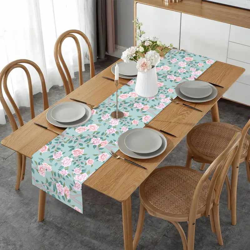 New Cross-Border Pink Flower Table Flag Printed Linen Living Room Decorative Tablecloth Home Kitchen Tablecloth Mat