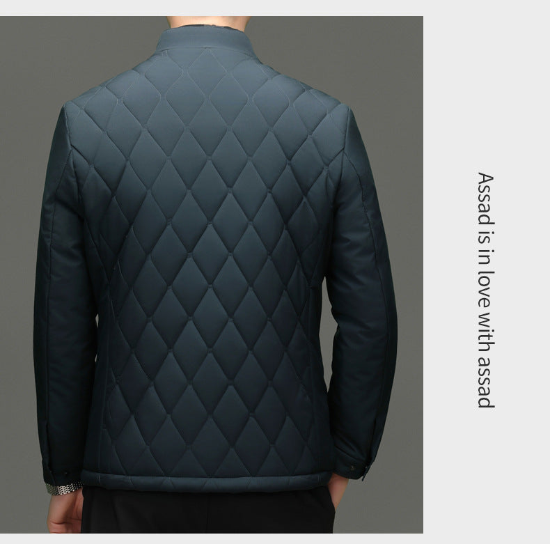 Men's Stand Collar Diamond Pattern Cotton Jacket Autumn and Winter Business Casual Warm Jacket Young and Middle-Aged Fashion Single-Breasted Top